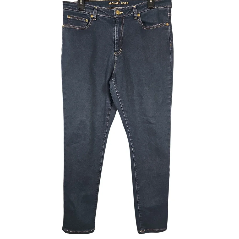 Michael Kors Skinny Jeans Dark Wash Indigo Gold Hardware Womens 14